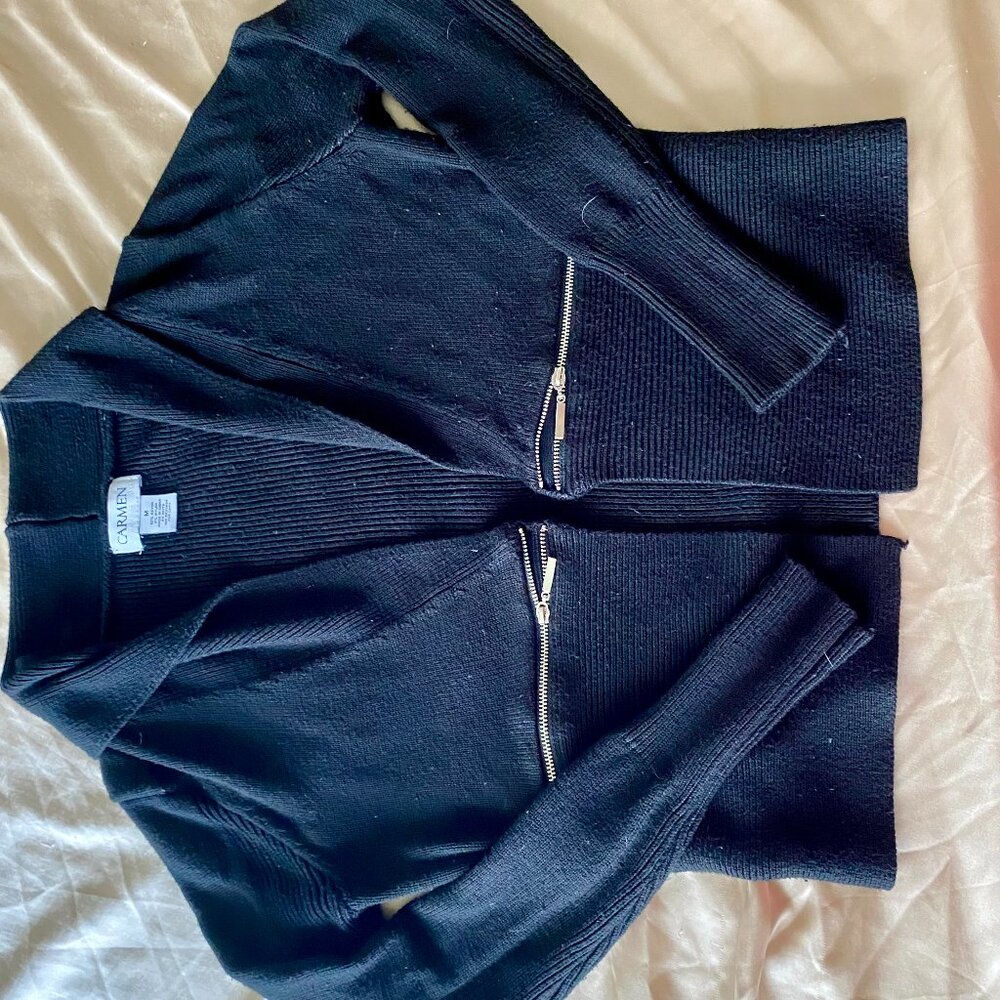 Carmen Marc Valvo Women's Size M Black Open Front Cardigan Sweater Zip Pockets